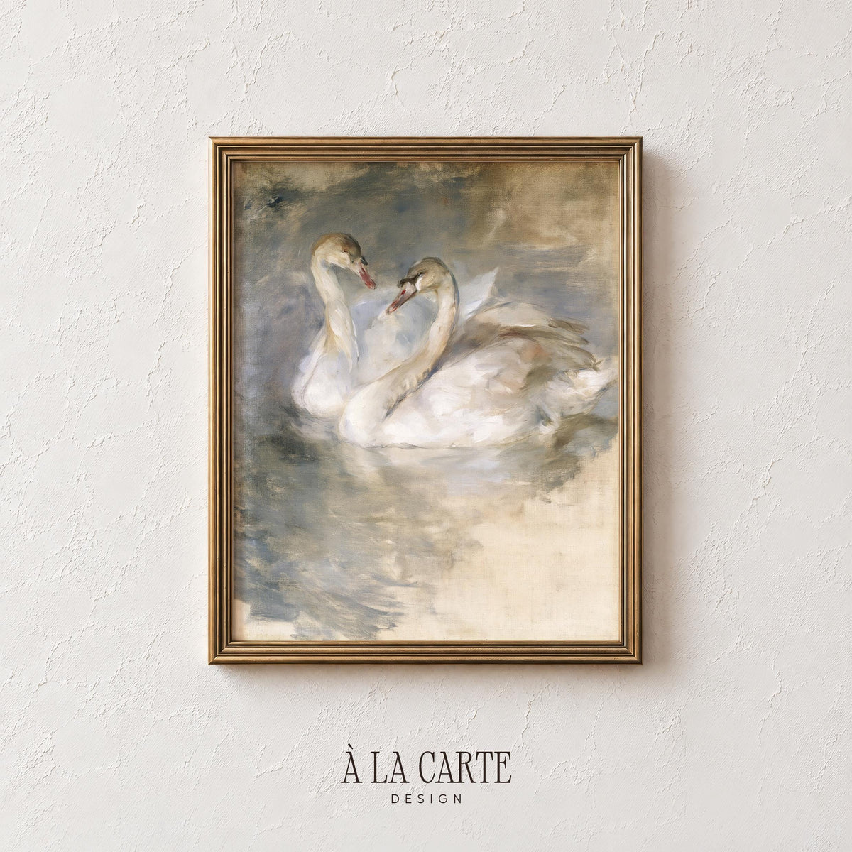Romantic bird artwork digital print — vintage swan illustration with blended muted tones and tranquil water scene