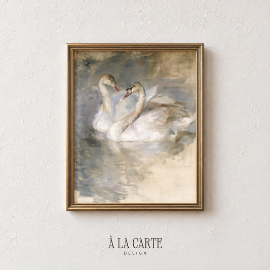Romantic bird artwork digital print — vintage swan illustration with blended muted tones and tranquil water scene