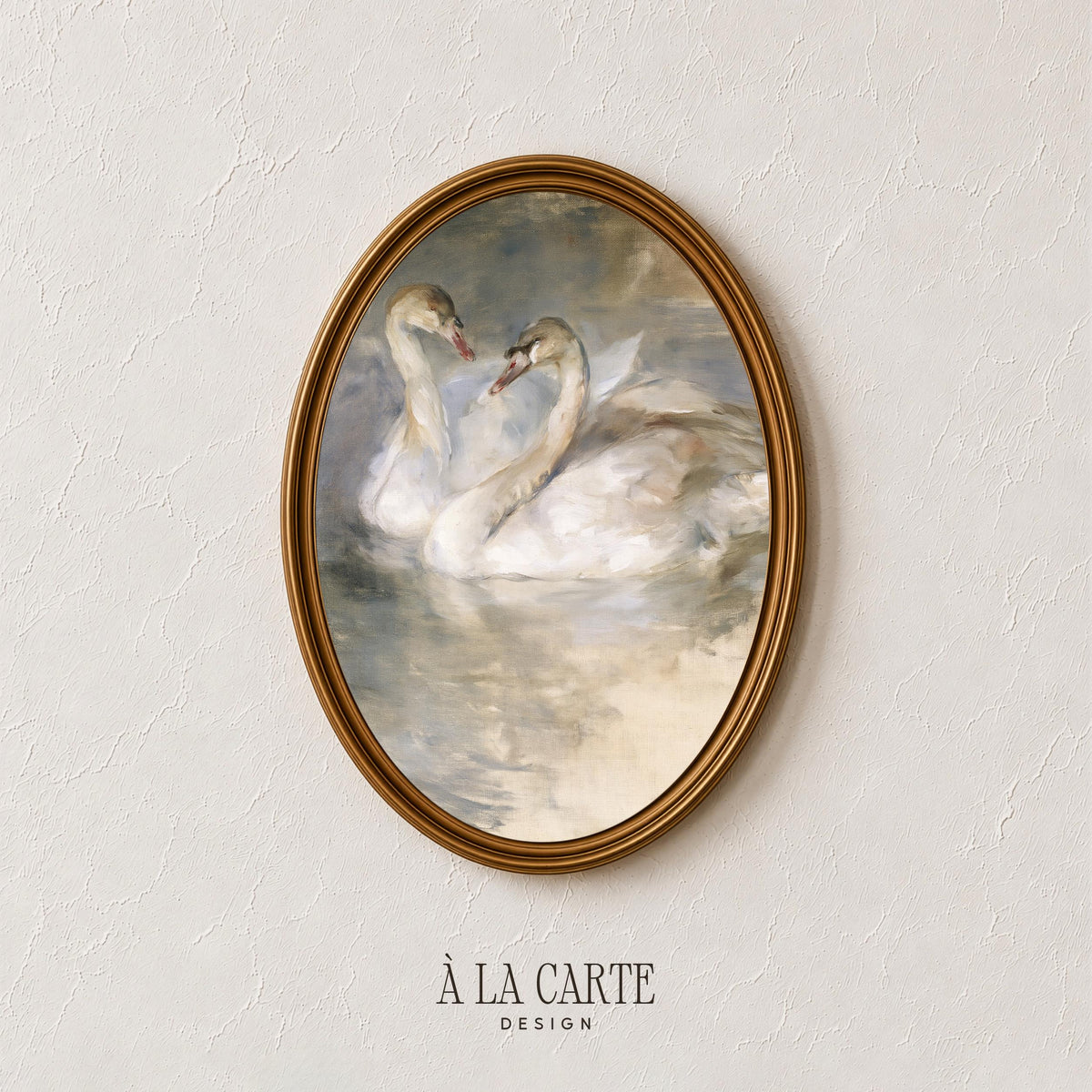 Swans in love printable picture — boho neutral artwork featuring romantic pose and hazy watercolor-like background