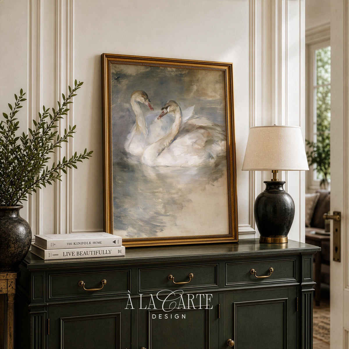 Swans heart formation poster — cottagecore wall art featuring soft textured brushstrokes and nostalgic romantic feel