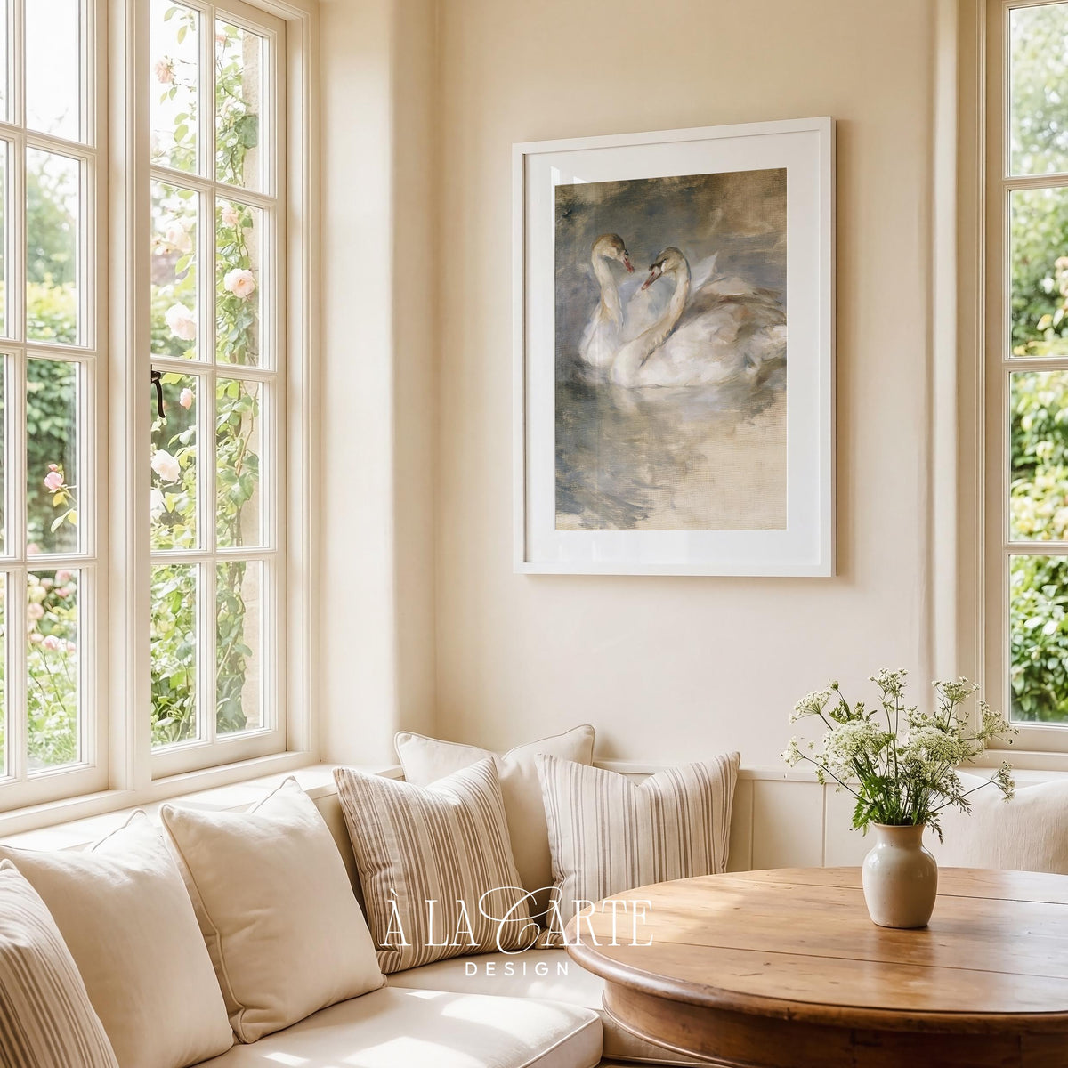 Two swans forming heart shape printable art — vintage romantic wall decor with muted cream and taupe tones