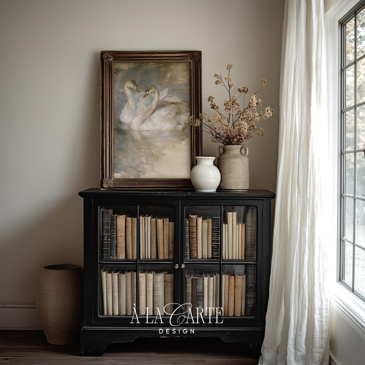 Romantic swans picture with textured brushstrokes — vintage-inspired wall art in soft gray-blue and antique cream