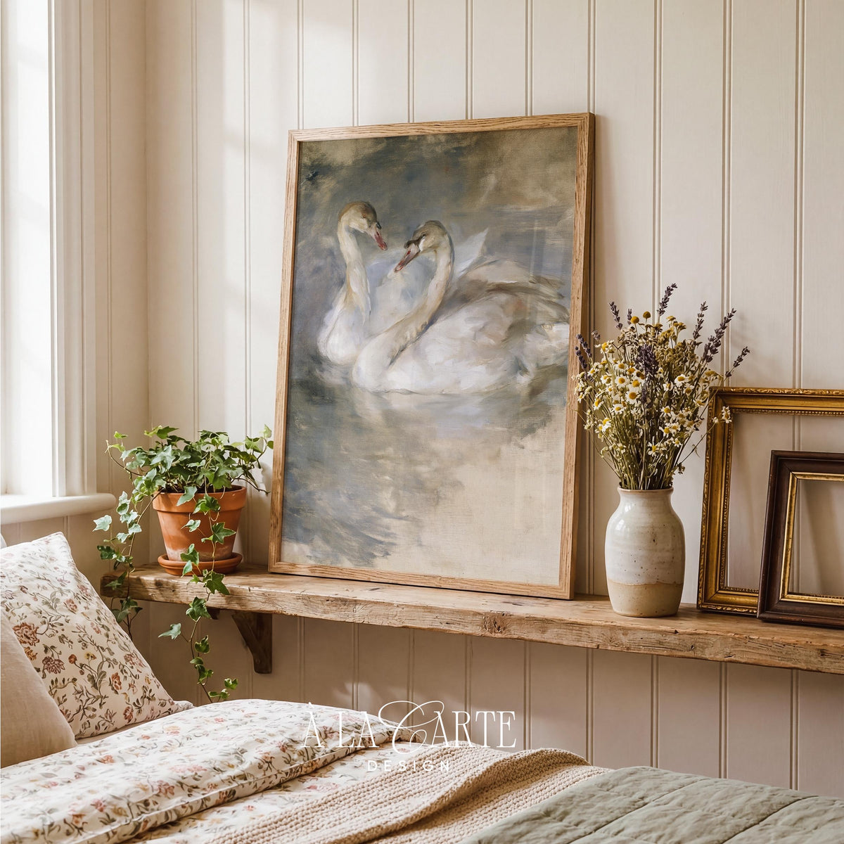 Two swans digital artwork poster — boho romantic picture with textured painterly style and serene intimate setting