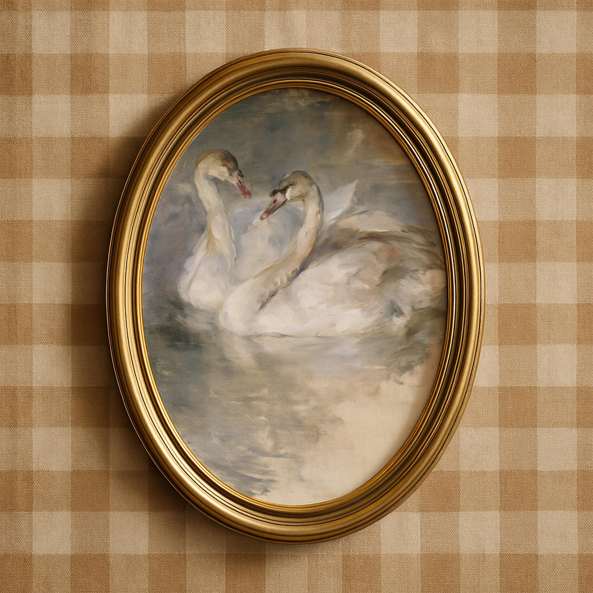 Pair of swans painting printable art for bedroom — dark academia inspired with antique finish and elegant composition
