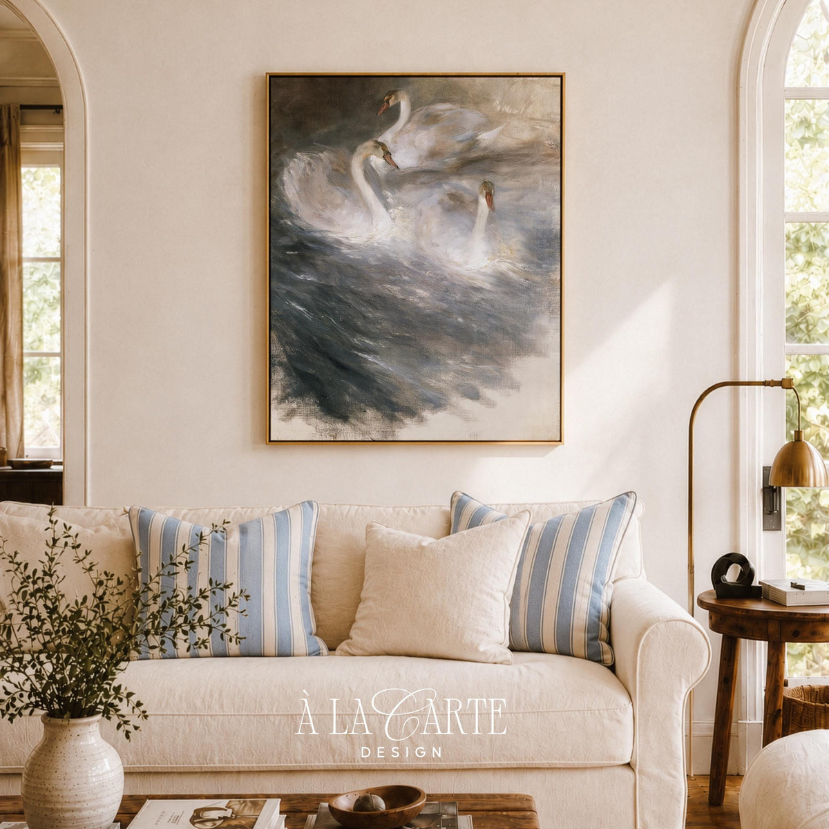 Dark academia animal picture featuring elegant swans — printable art with charcoal tones and atmospheric brushwork