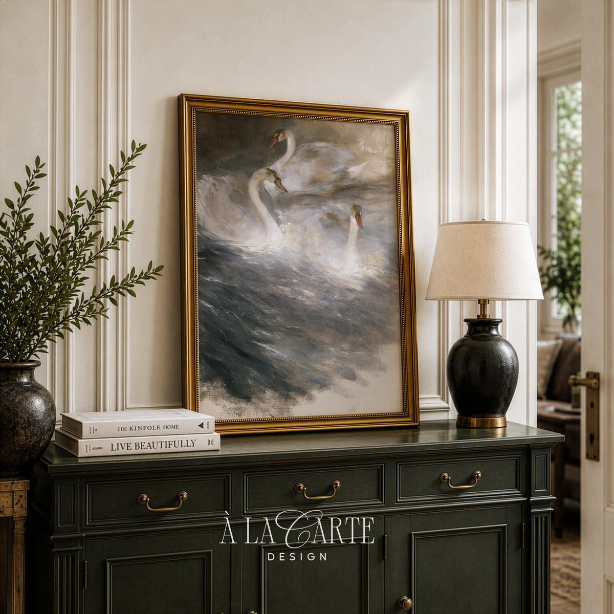 Swan lake themed wall art picture for bedroom — moody vintage print with cream, charcoal, and subtle metallic tones