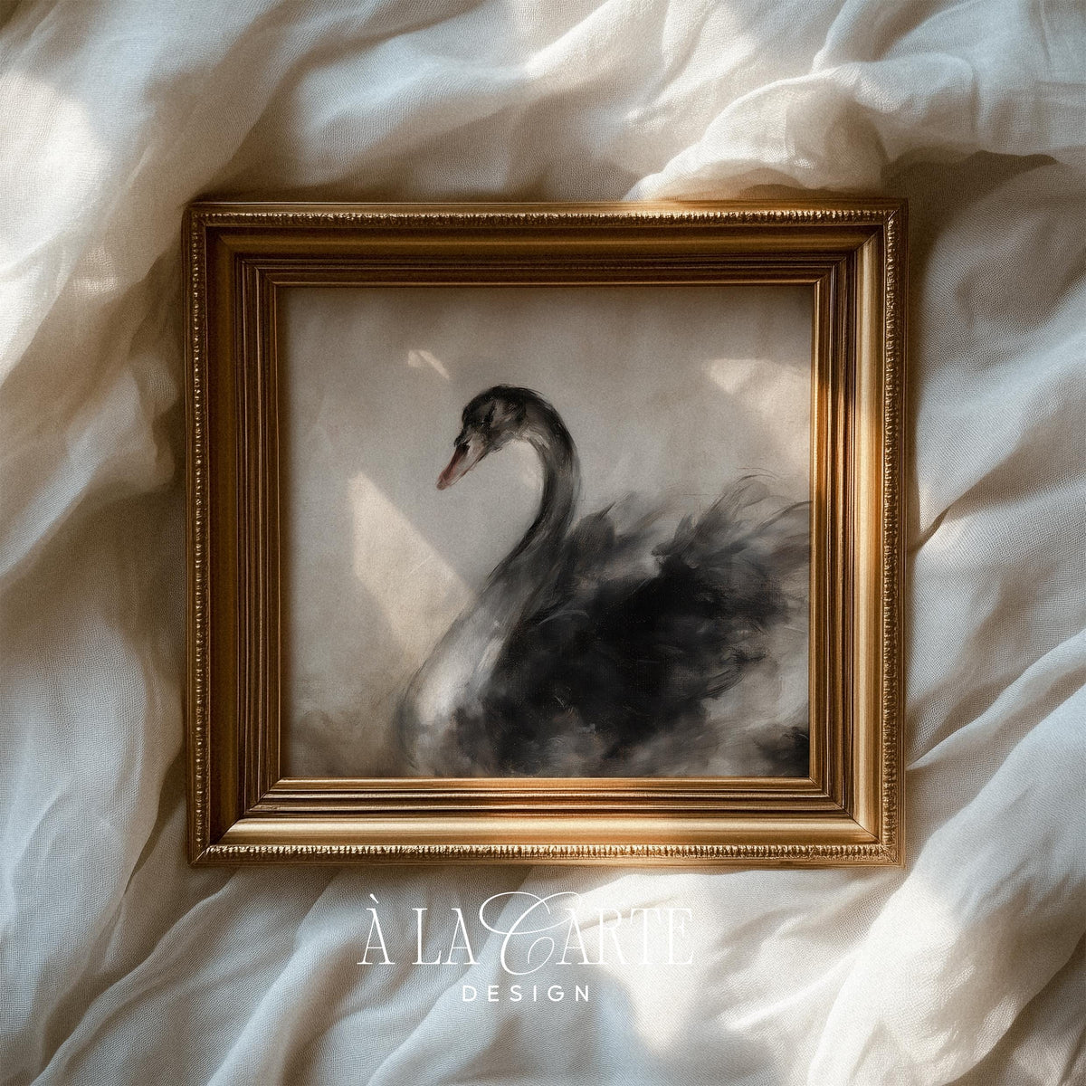 Moody waterfowl digital print for above bed — muted earth tones and textured brushwork style