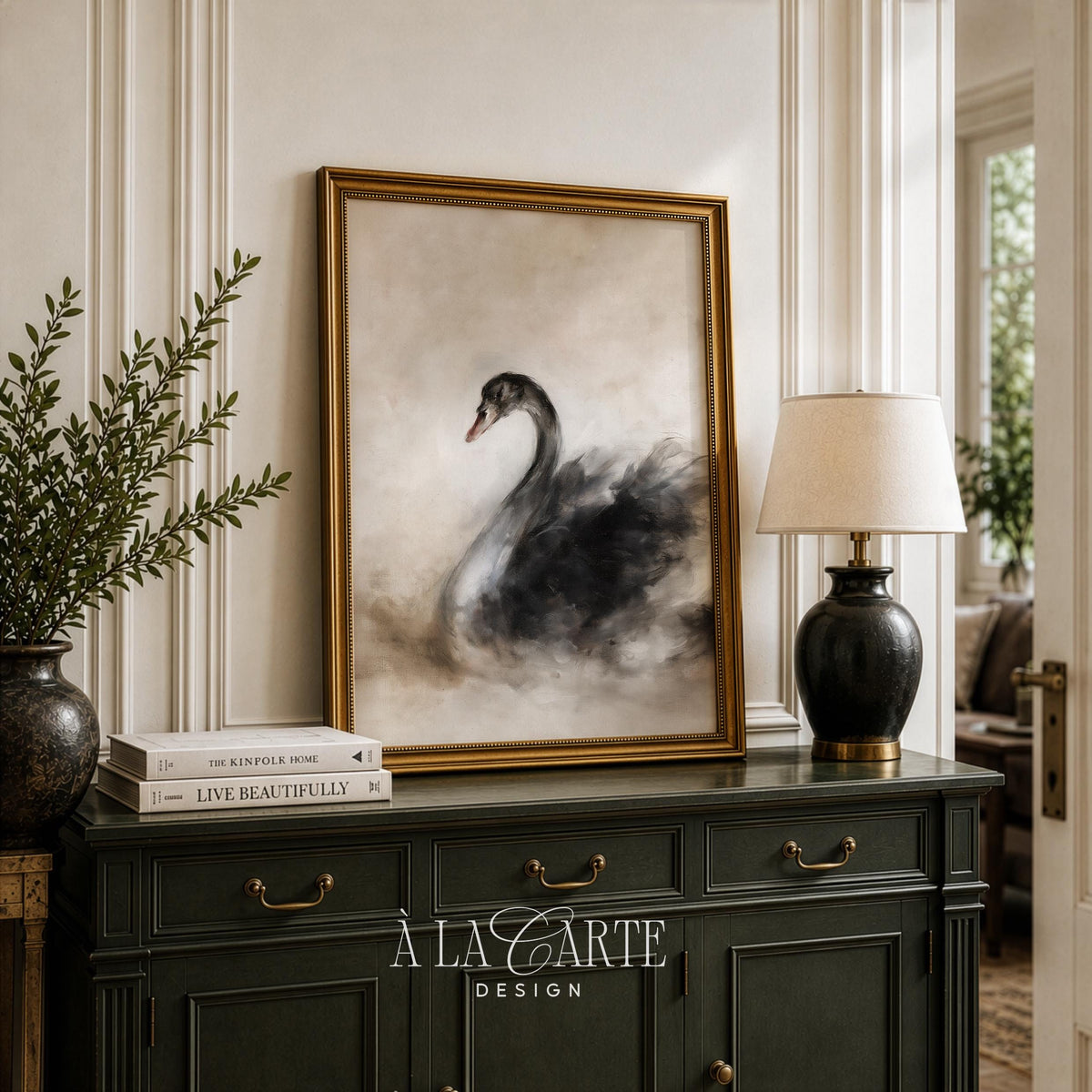 Graceful swan picture print for above bed placement — sophisticated mood with soft textured finish