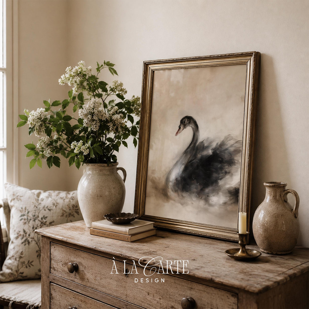 Expressive waterfowl poster for neutral interiors — graceful curved neck with hazy background effect