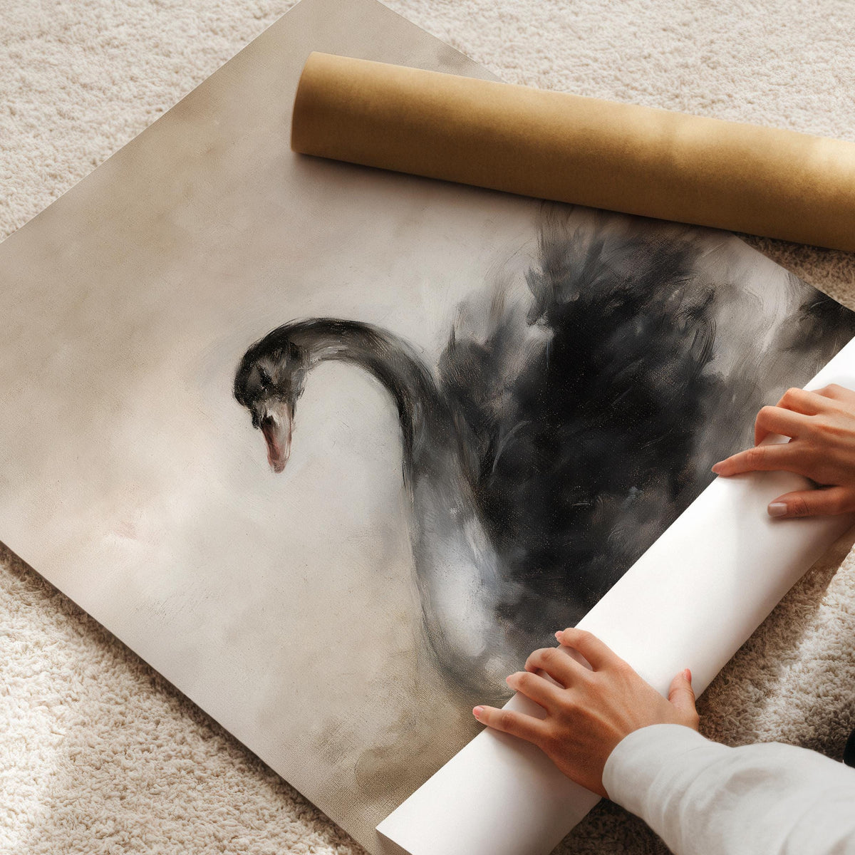 Expressive swan poster for cottagecore aesthetic — dreamy brushstrokes with neutral earth tone blend