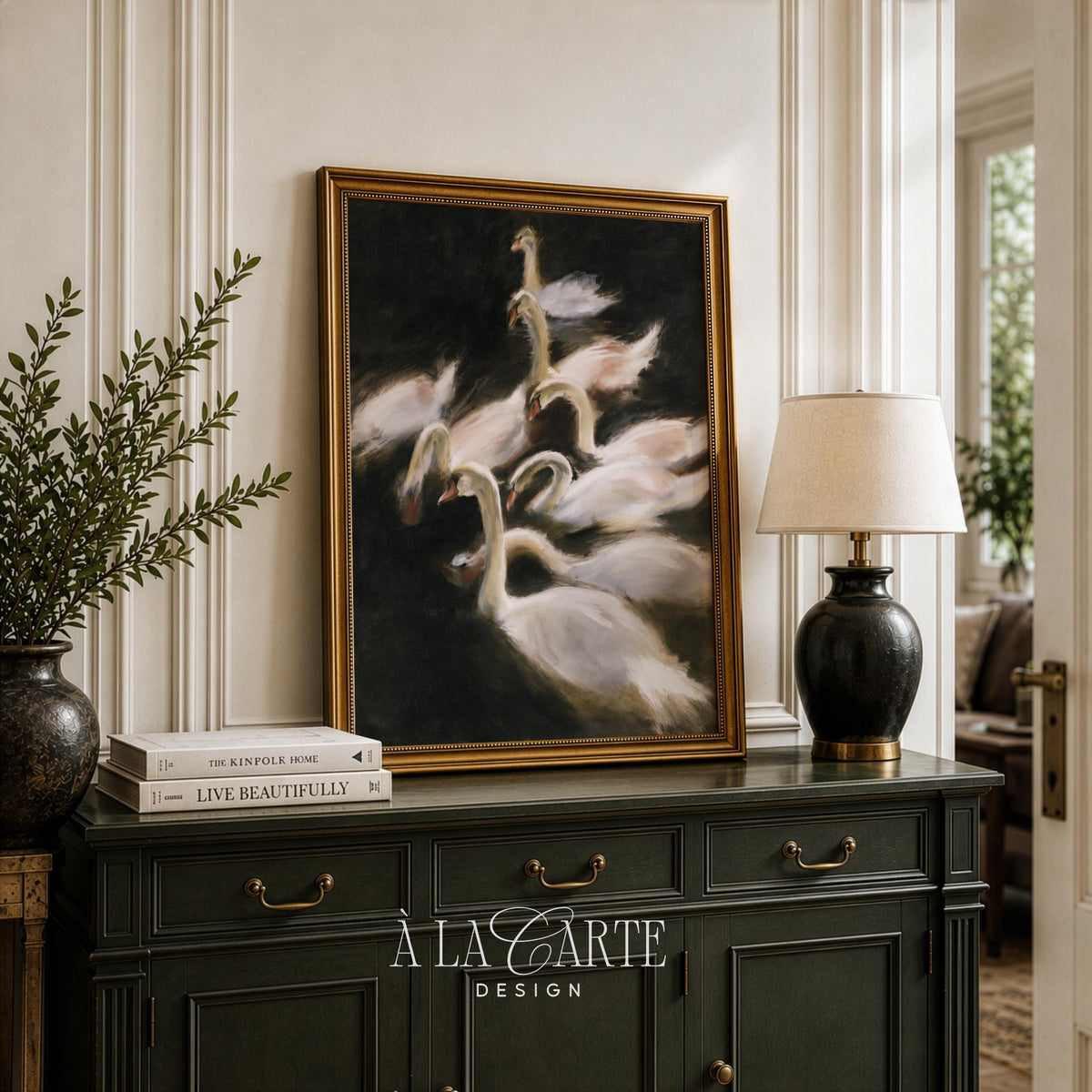 Elegant avian digital art printable — vintage-style painting featuring graceful long-necked birds