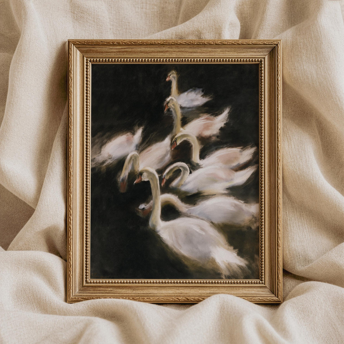 Dramatic swan wall art instant download — textured painting with soft whites against deep black backdrop