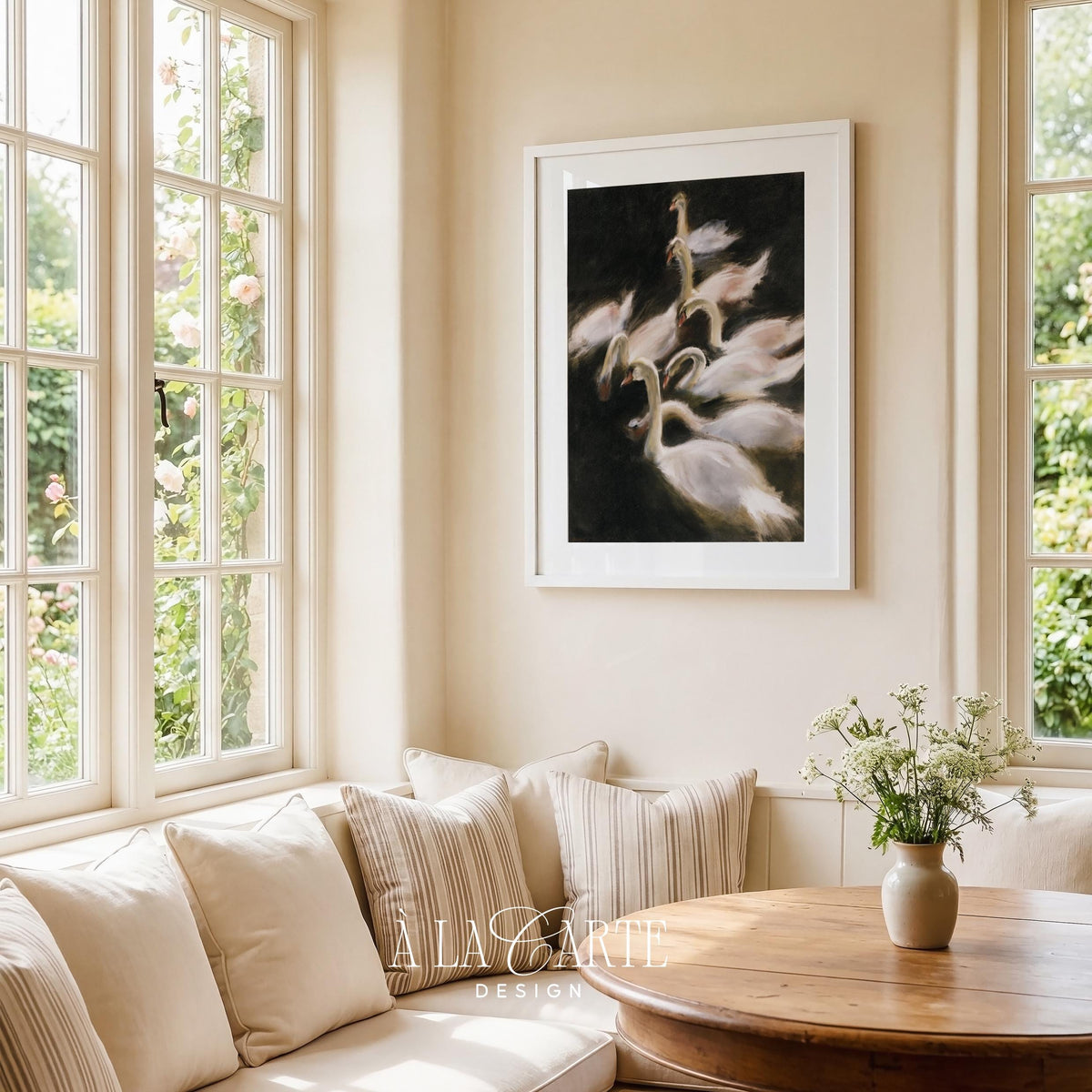 Expressive waterfowl printable for above bed — loose brushwork captures movement in muted tones
