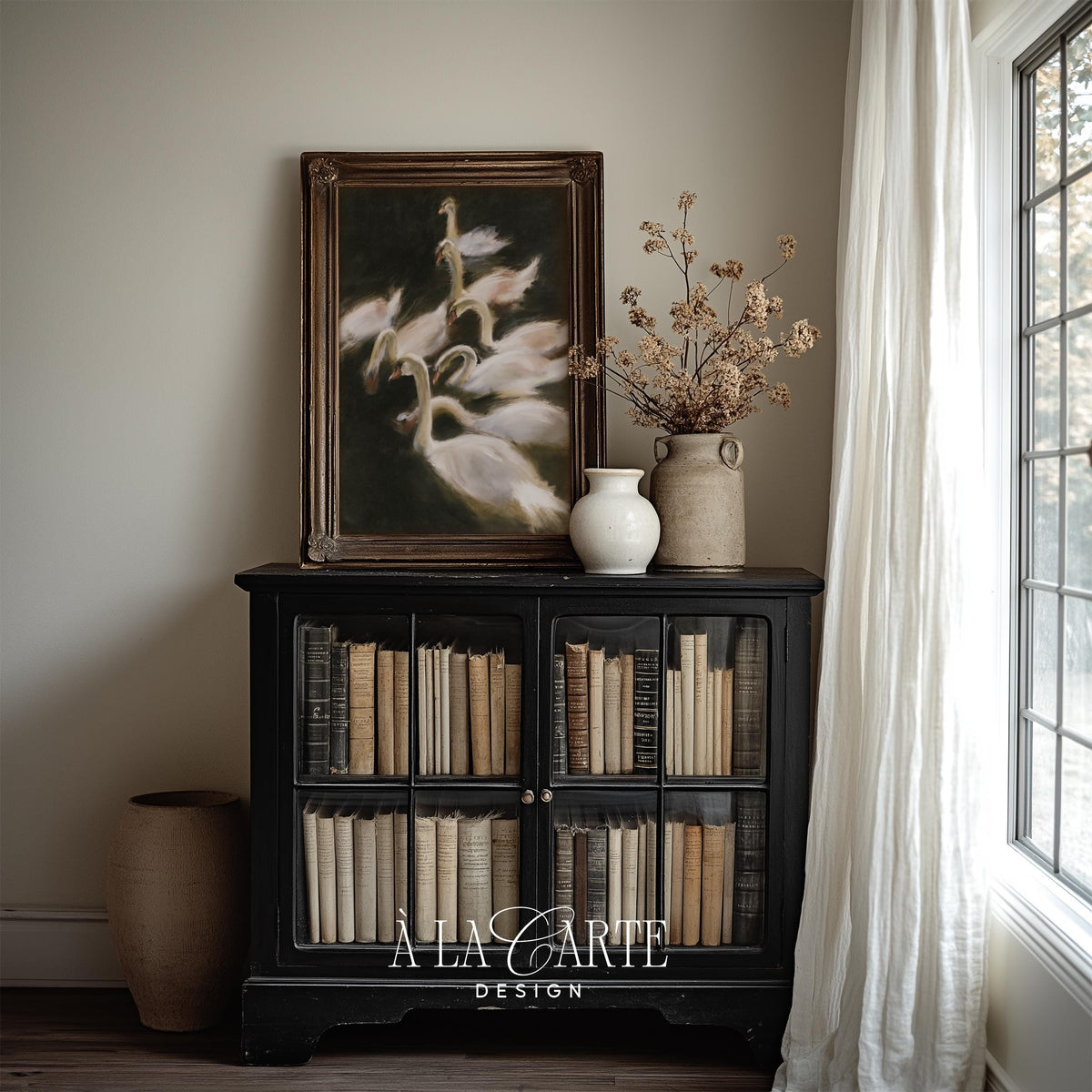 Moody swan painting wall art — dramatic dark academia print with soft blush and charcoal tones