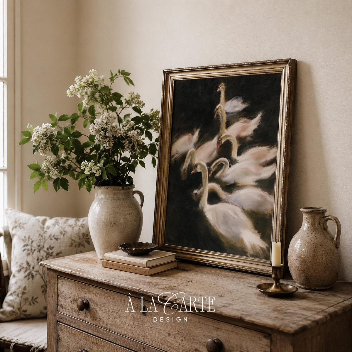 Vintage-inspired bird wall poster — dark academia aesthetic showcasing overlapping swans in muted palette