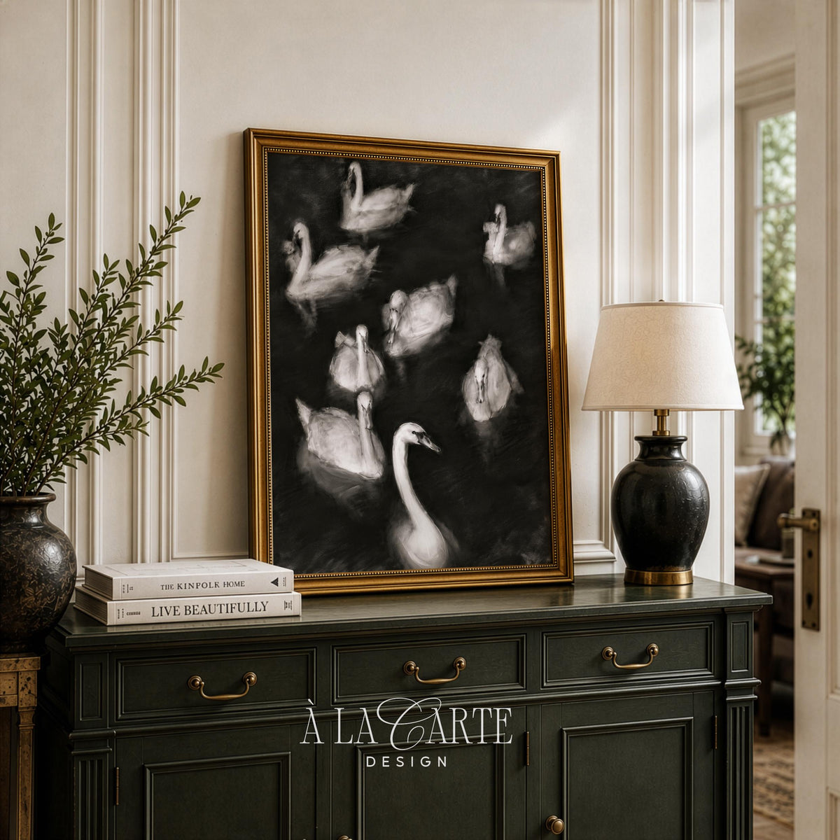 Water birds picture for above bed — soft textured brushwork with dramatic moody palette