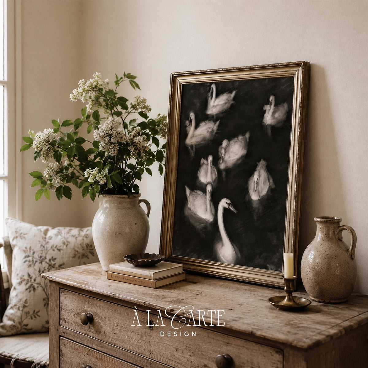 Floating swans painting instant download — sophisticated dark academia style wall decor