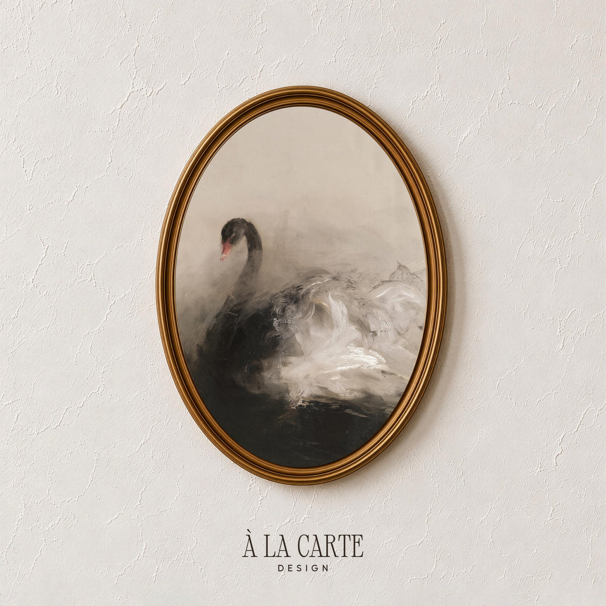Black swan painting wall art for living room — moody neutral tones with vintage brushwork and atmospheric water ripples