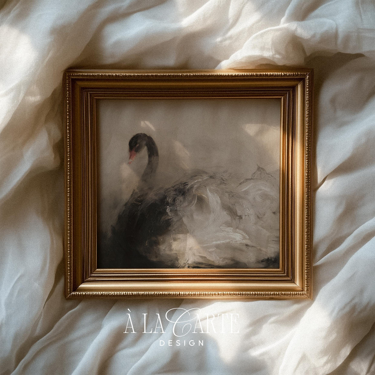 Trendy swan picture digital print — moody atmospheric composition with refined elegance and soft misty backdrop