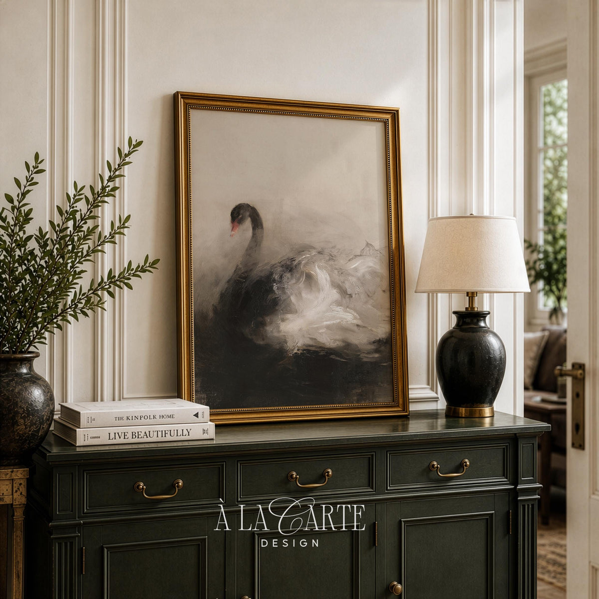 Refined waterfowl poster — dark academia inspired with textured vintage painterly quality and moody atmospheric feel