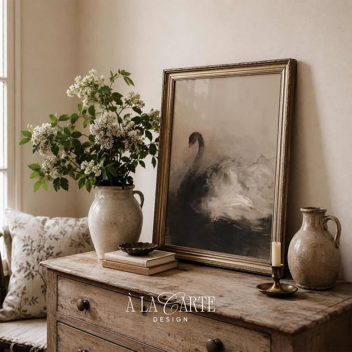 Moody waterfowl digital print wall art — textured brushwork creating dreamy foggy scene with refined elegance