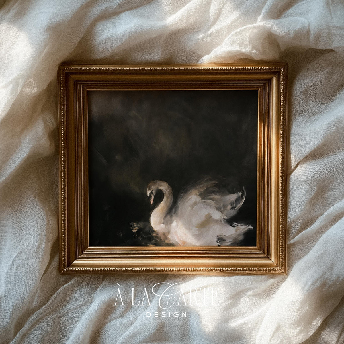 Solitary waterfowl digital print for bedroom — shadowy romantic artwork with golden light reflections