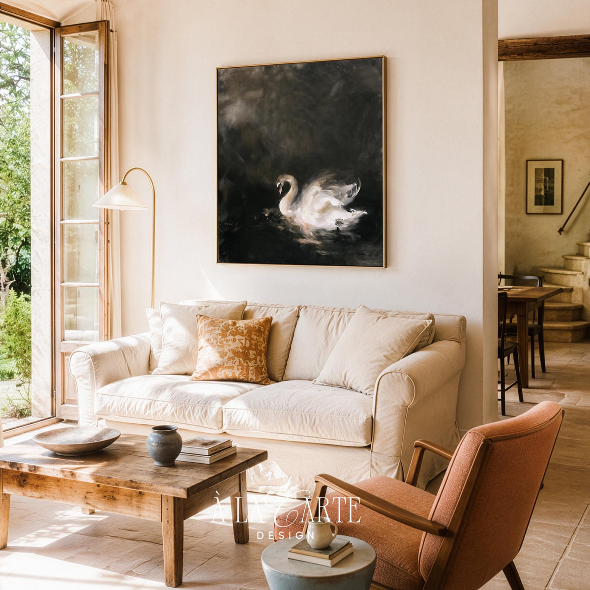 White swan gliding on dark water printable art for living room — moody atmospheric painting with vintage charm