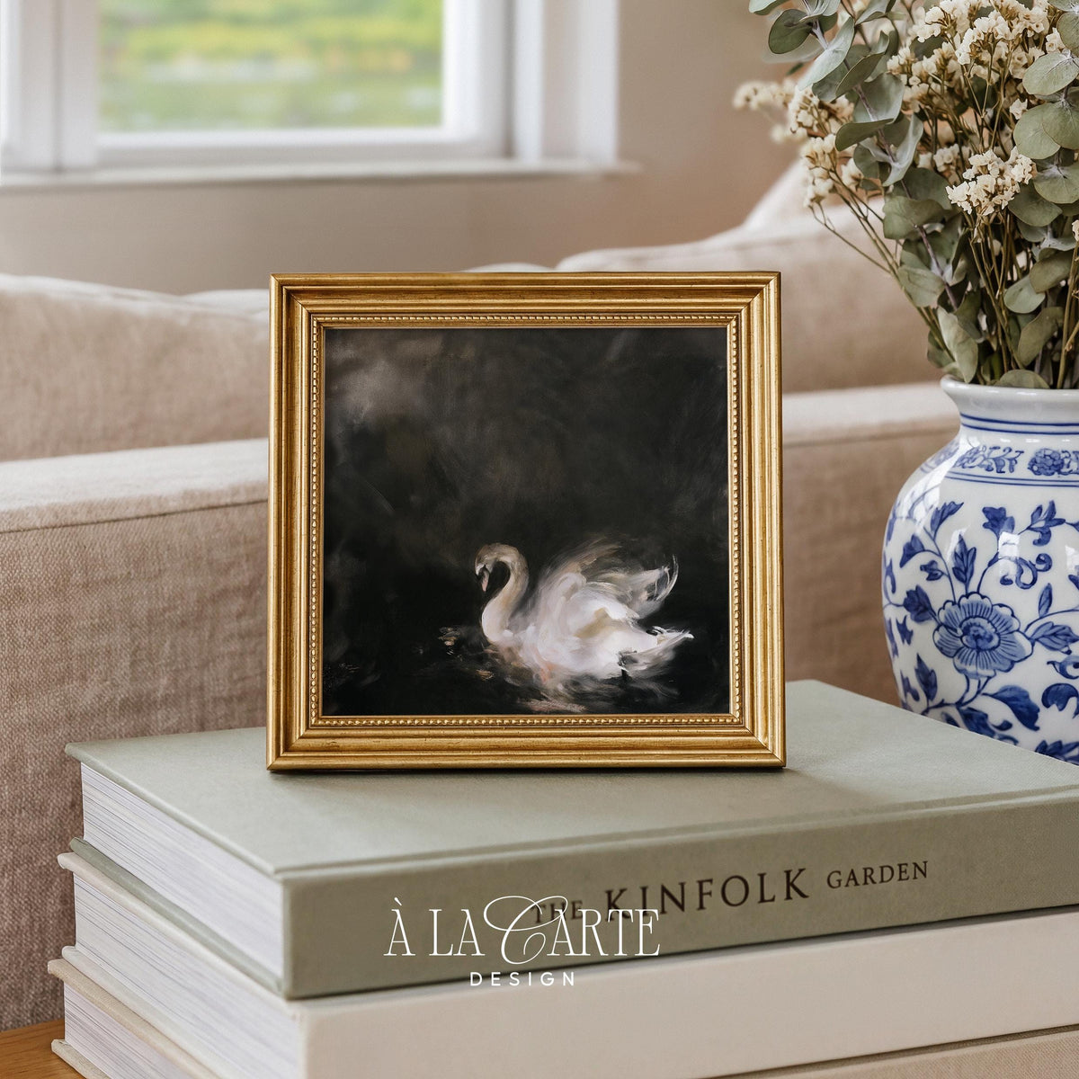 Graceful bird painting instant download — somber aquatic scene with mist and dramatic lighting