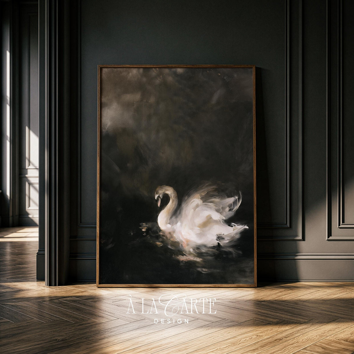 Swan lake-inspired poster for above bed — vintage-style waterfowl art with dreamy hazy background