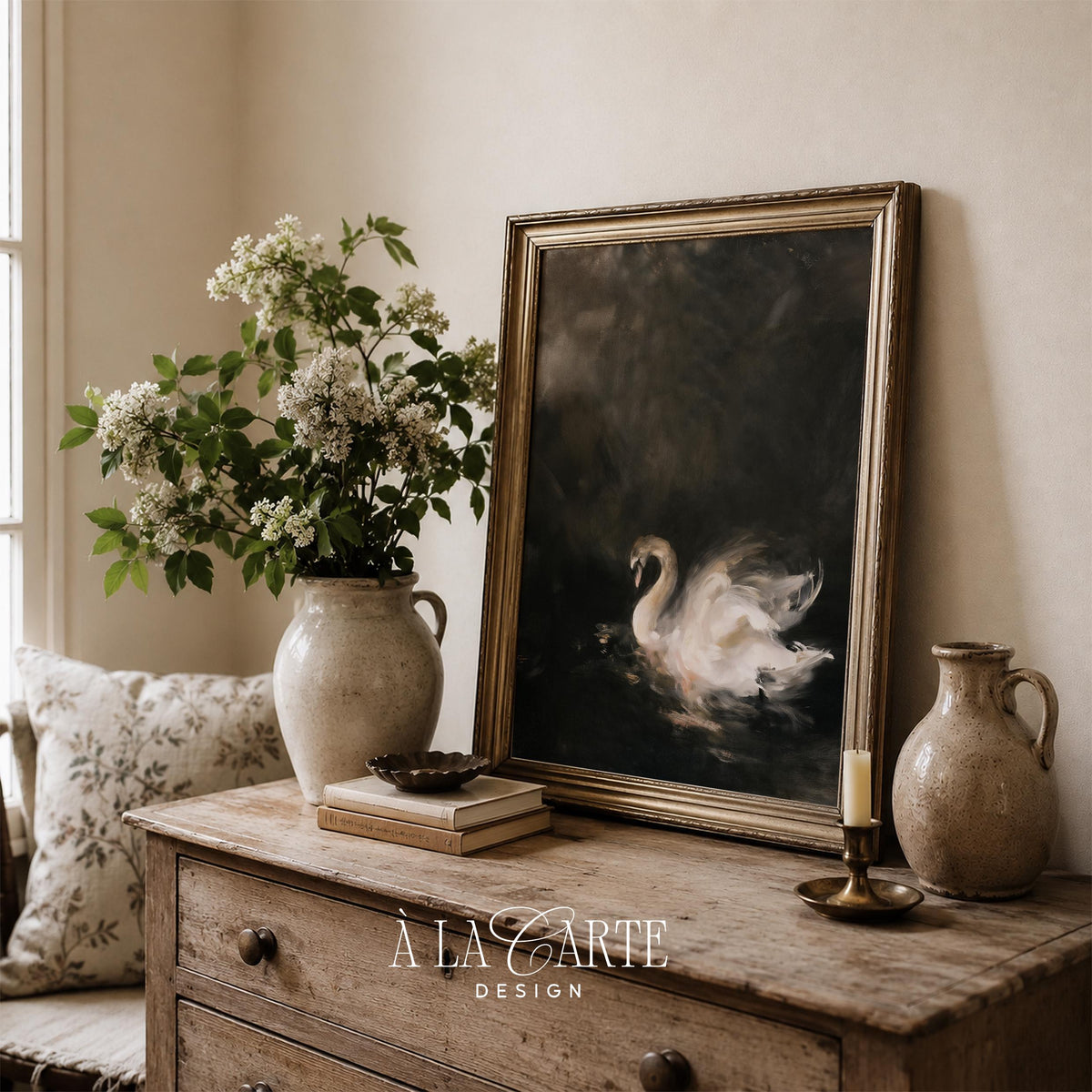 Black water bird picture for living room — brooding moody artwork with golden feather details