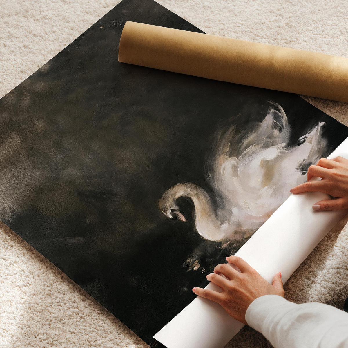 Swan illustration poster for above bed decor — vintage somber bird scene with hazy dreamy quality