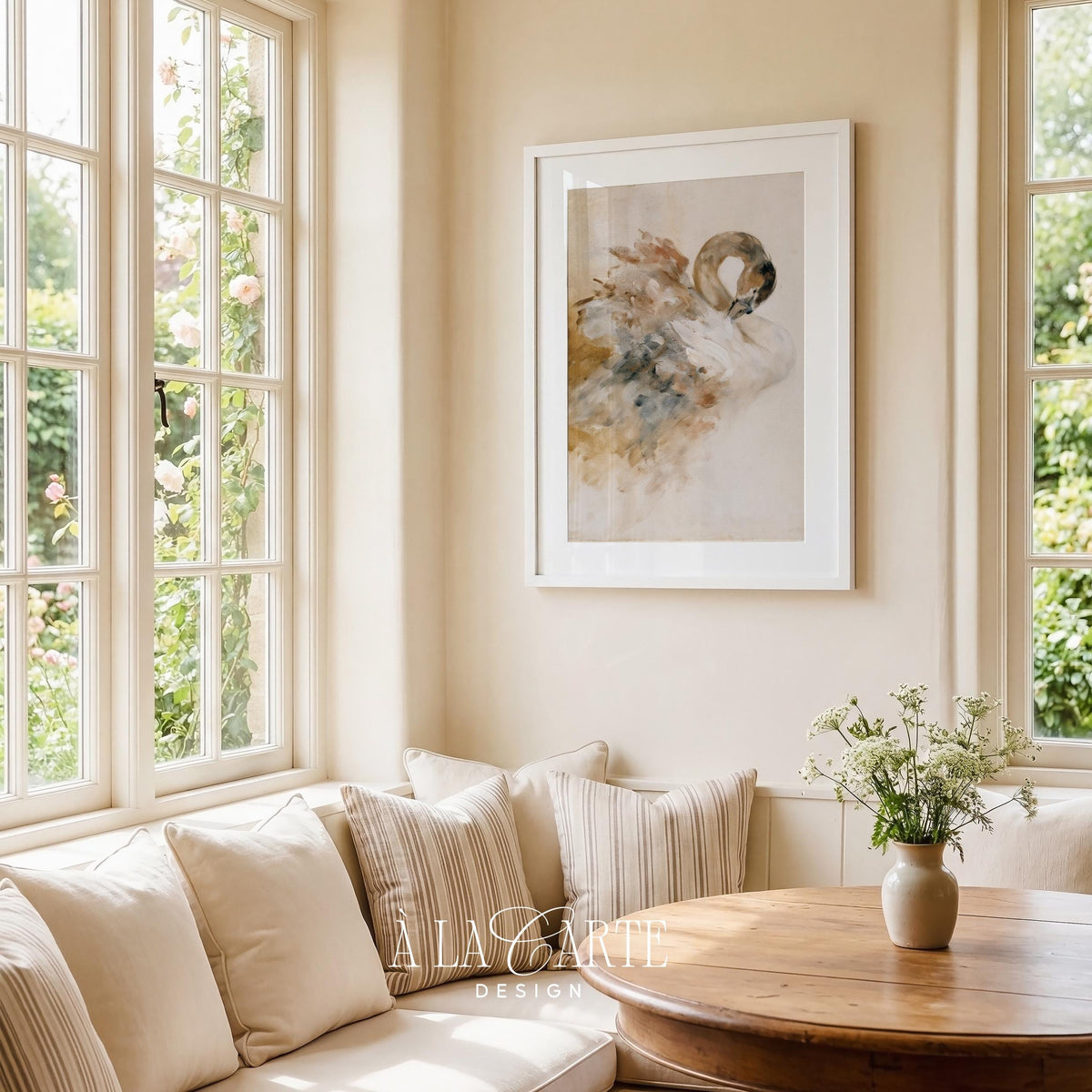 Moody swan poster for bedroom — vintage-inspired with blush, gray, and earthy washes