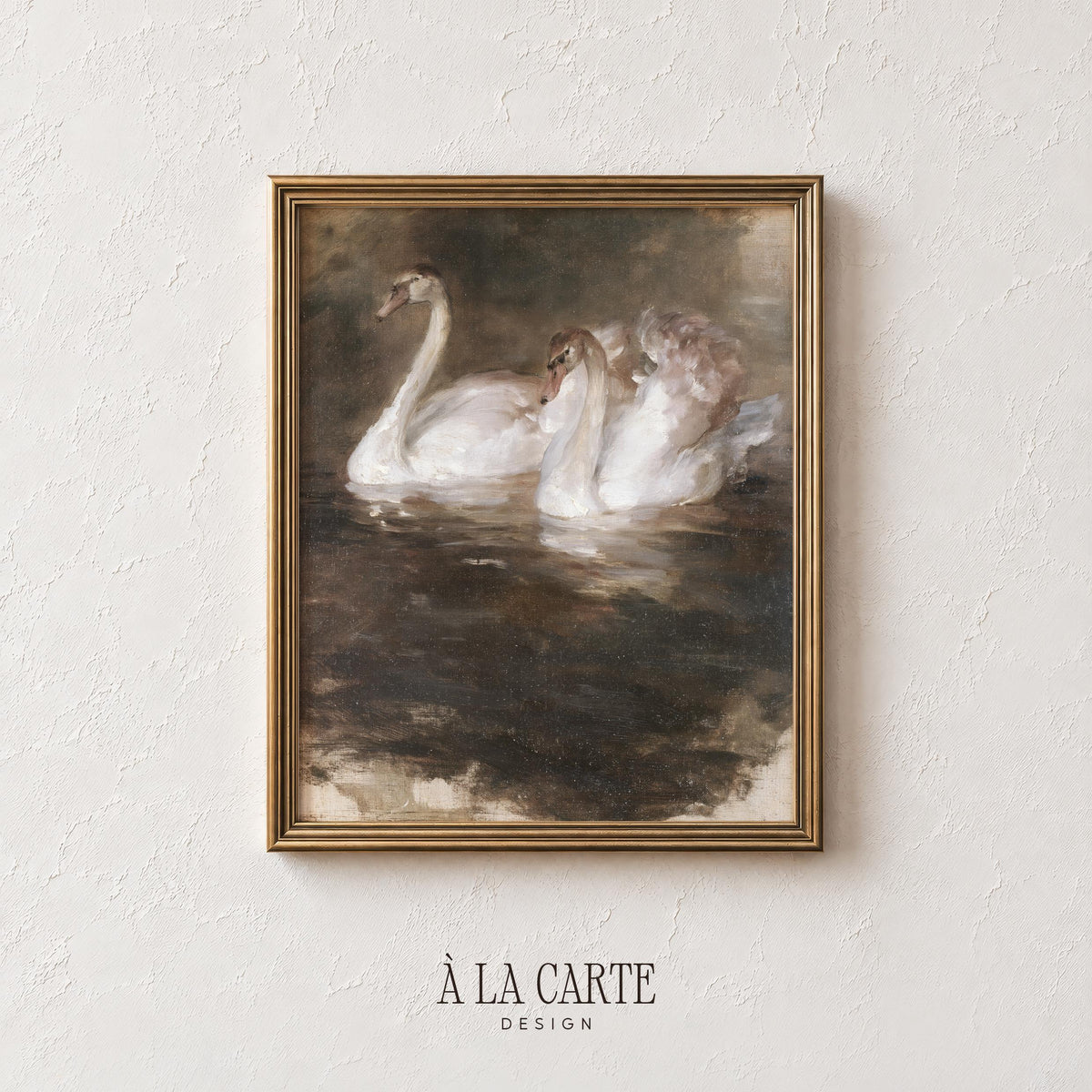 Dark academia swan print wall art featuring loose brushstrokes and atmospheric rippling water