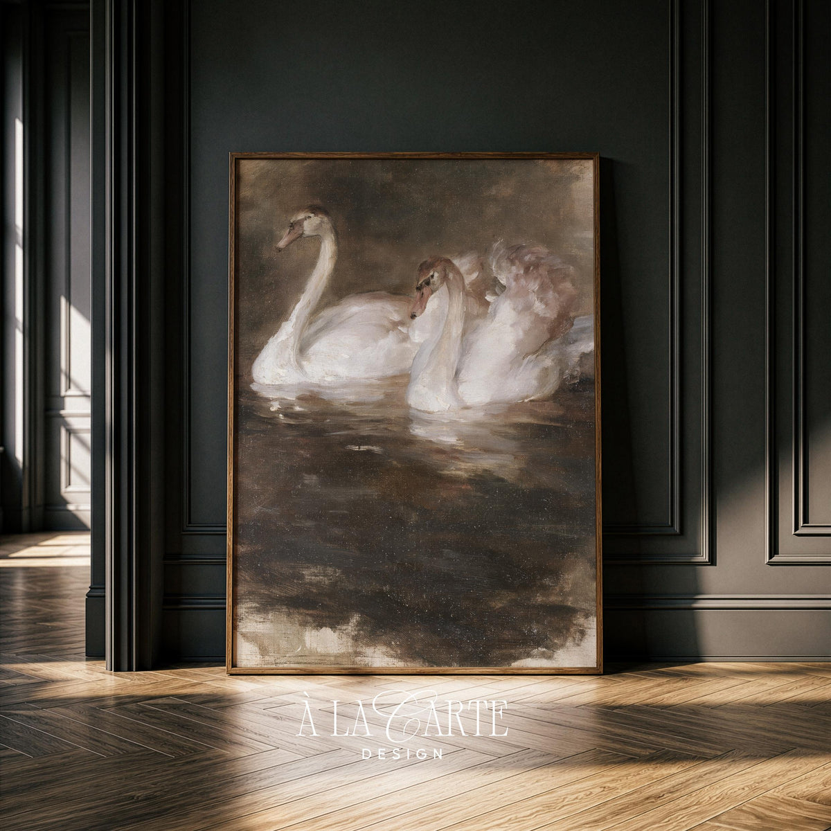 Antique waterfowl digital print for above bed decor — muted palette with hazy painterly background