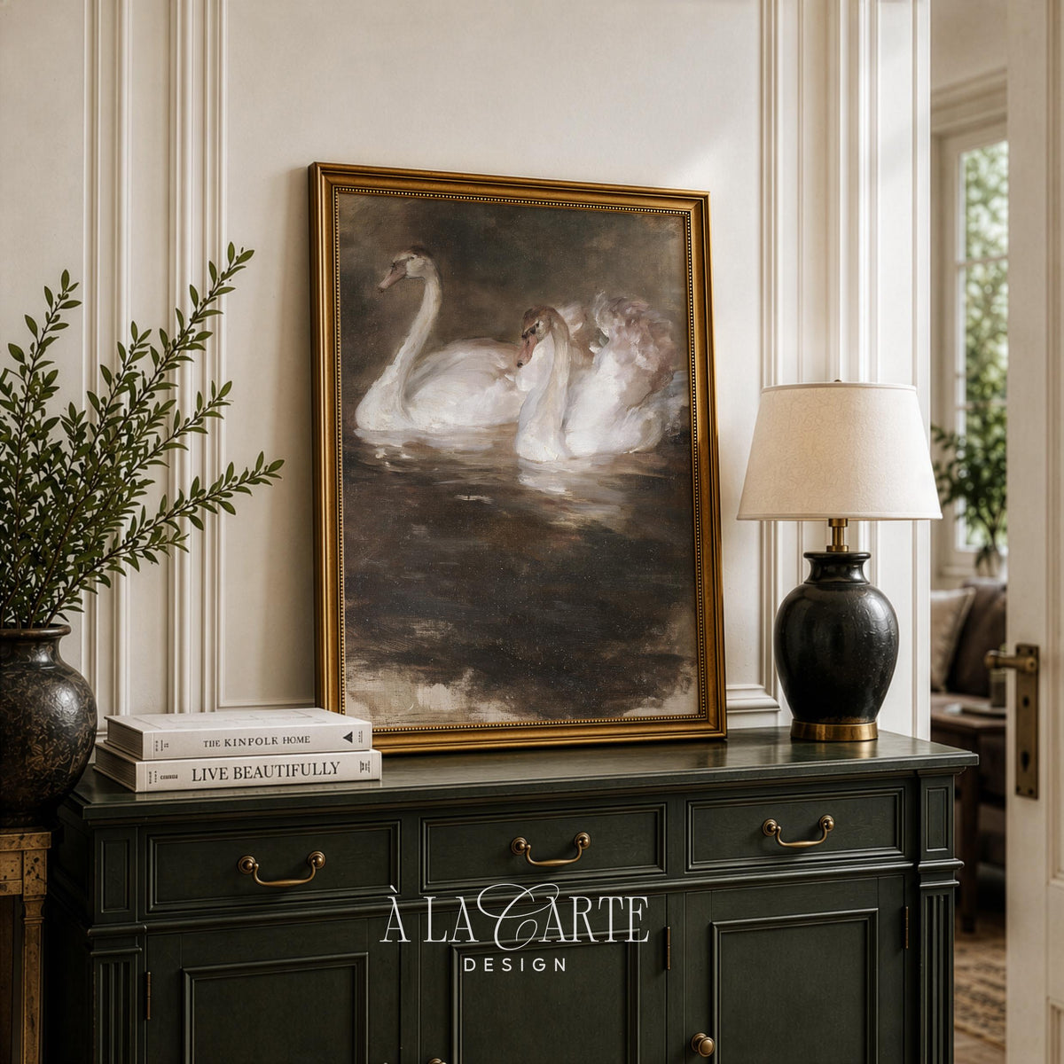 Vintage aquatic scene artwork for bedroom wall — soft gold details with moody dark academia vibe