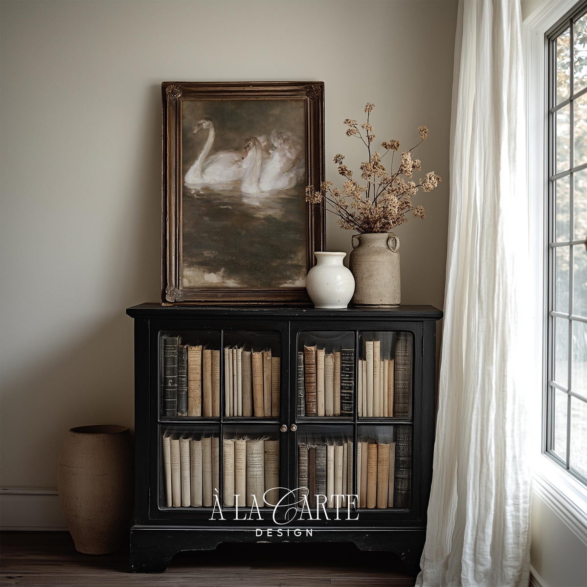 Swan lake artwork printable for home — atmospheric dark water scene with soft impressionistic detail