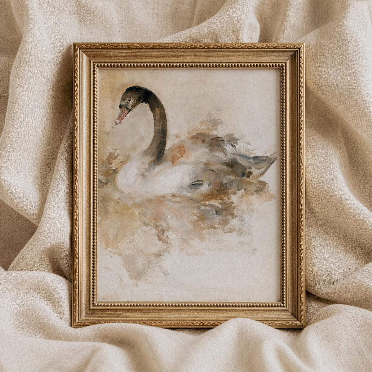 Large wall art featuring curved-neck bird in expressive watercolor style for calming interiors