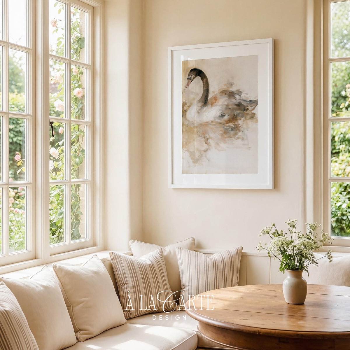Elegant swan printable art for living room — moody watercolor painting with soft taupe and cream tones