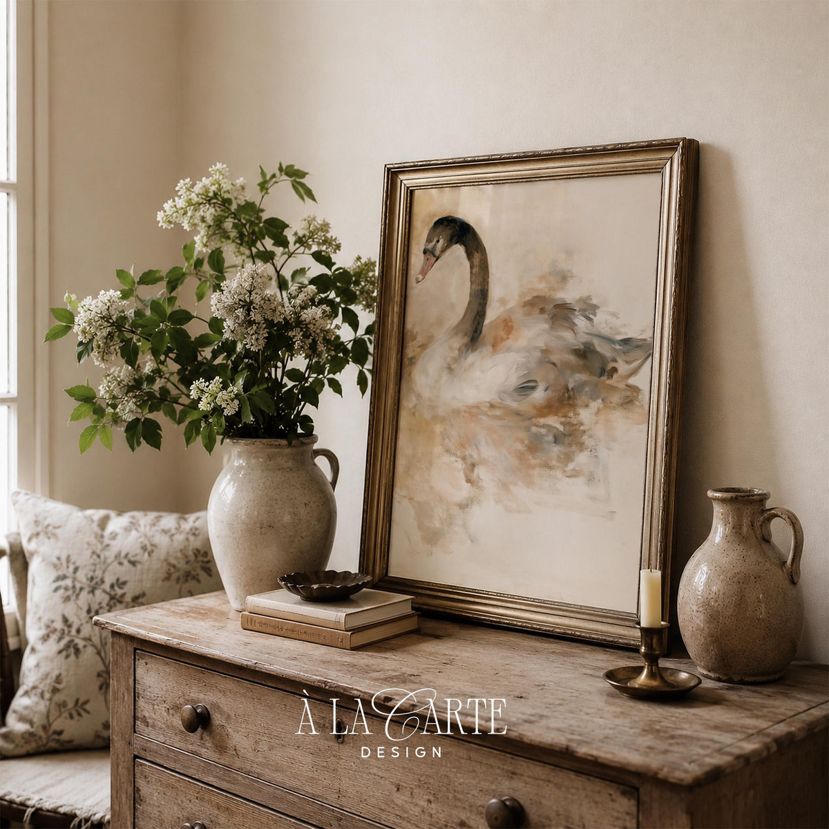 Abstract swan digital print with expressive hand-painted style and neutral farmhouse charm