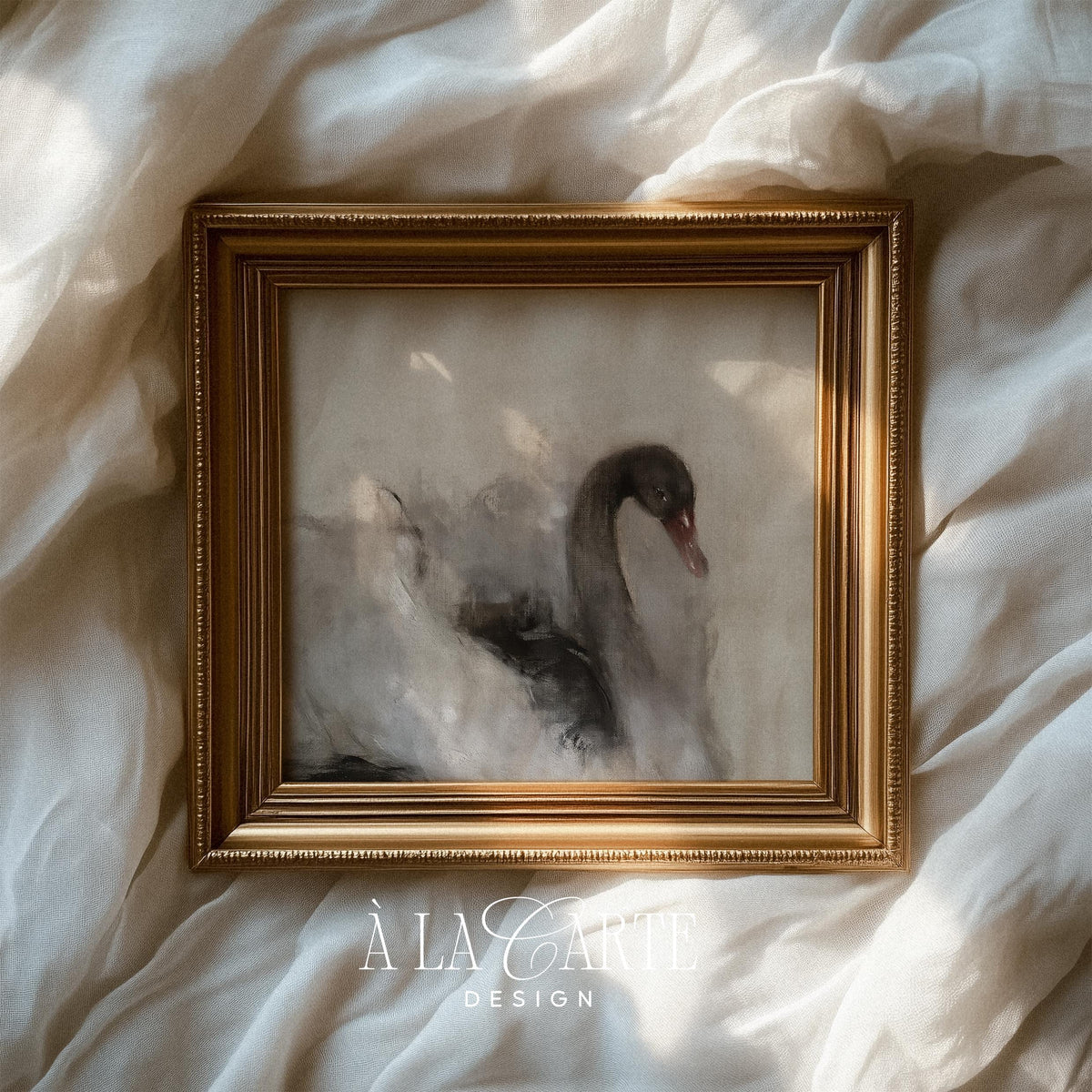 Graceful swan painting printable art for living room — moody neutral tones with soft brushwork