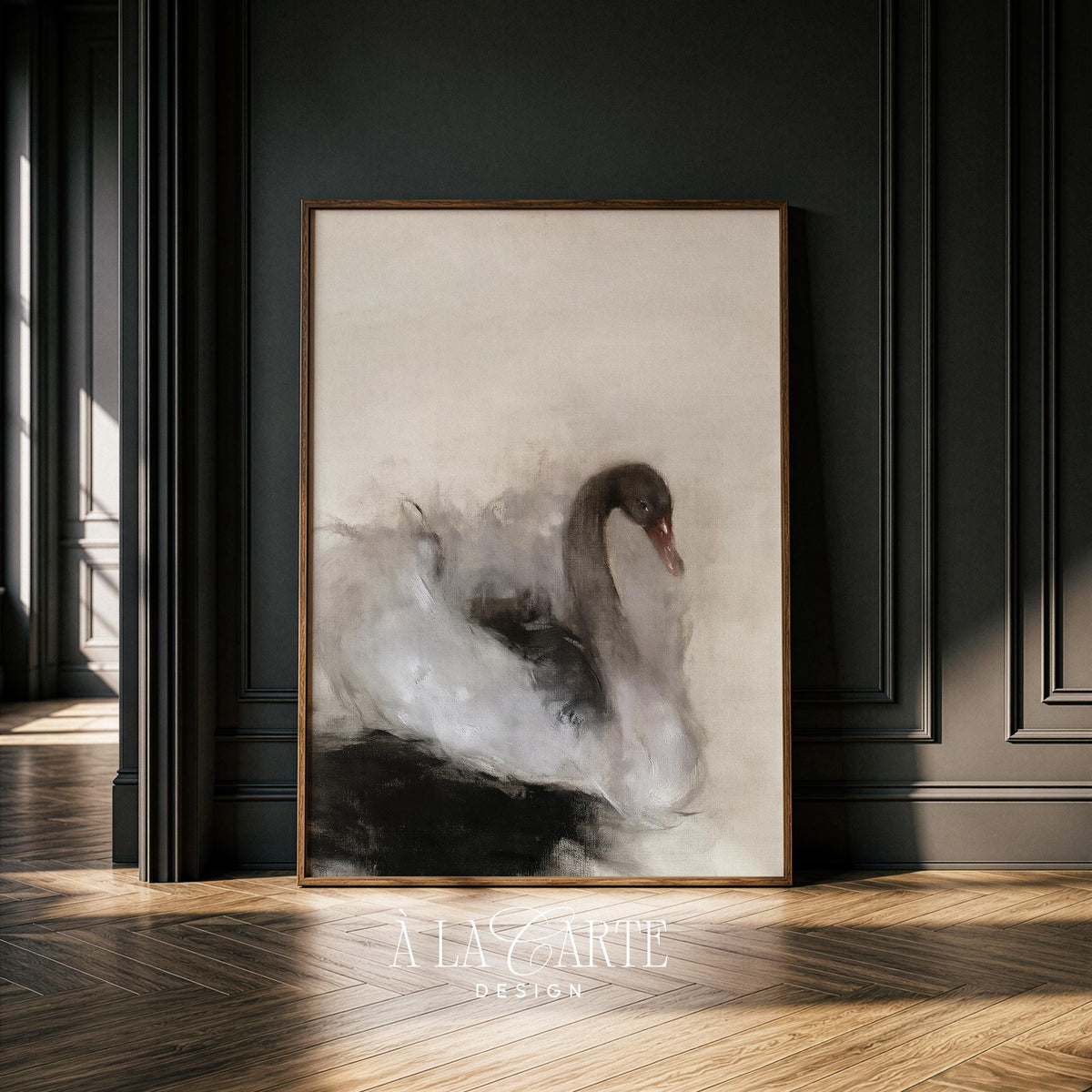 Boho neutral wall art featuring graceful bird — soft cream and charcoal tones with blended background