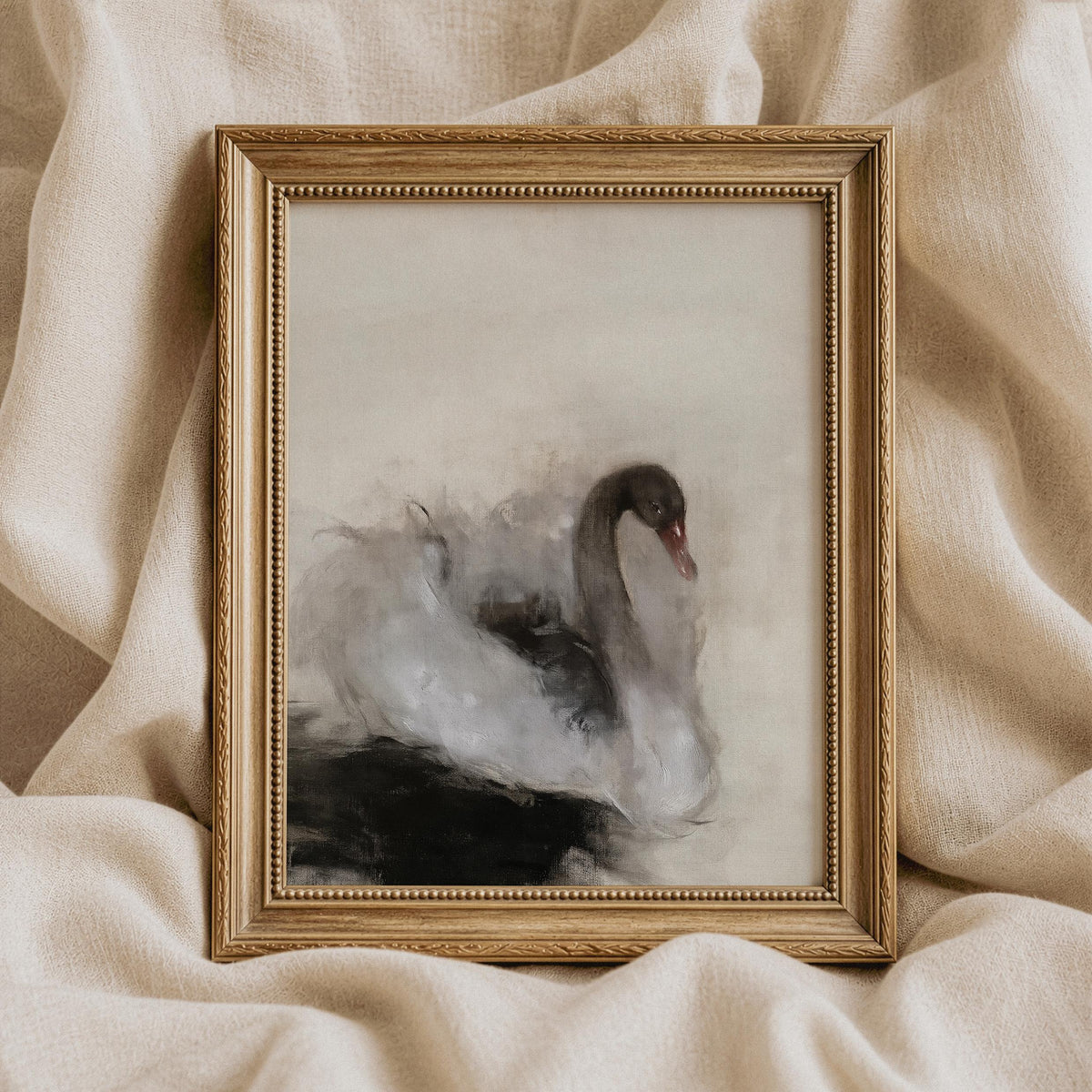 Large wall art featuring elegant waterfowl poster — charcoal and cream minimalist aesthetic