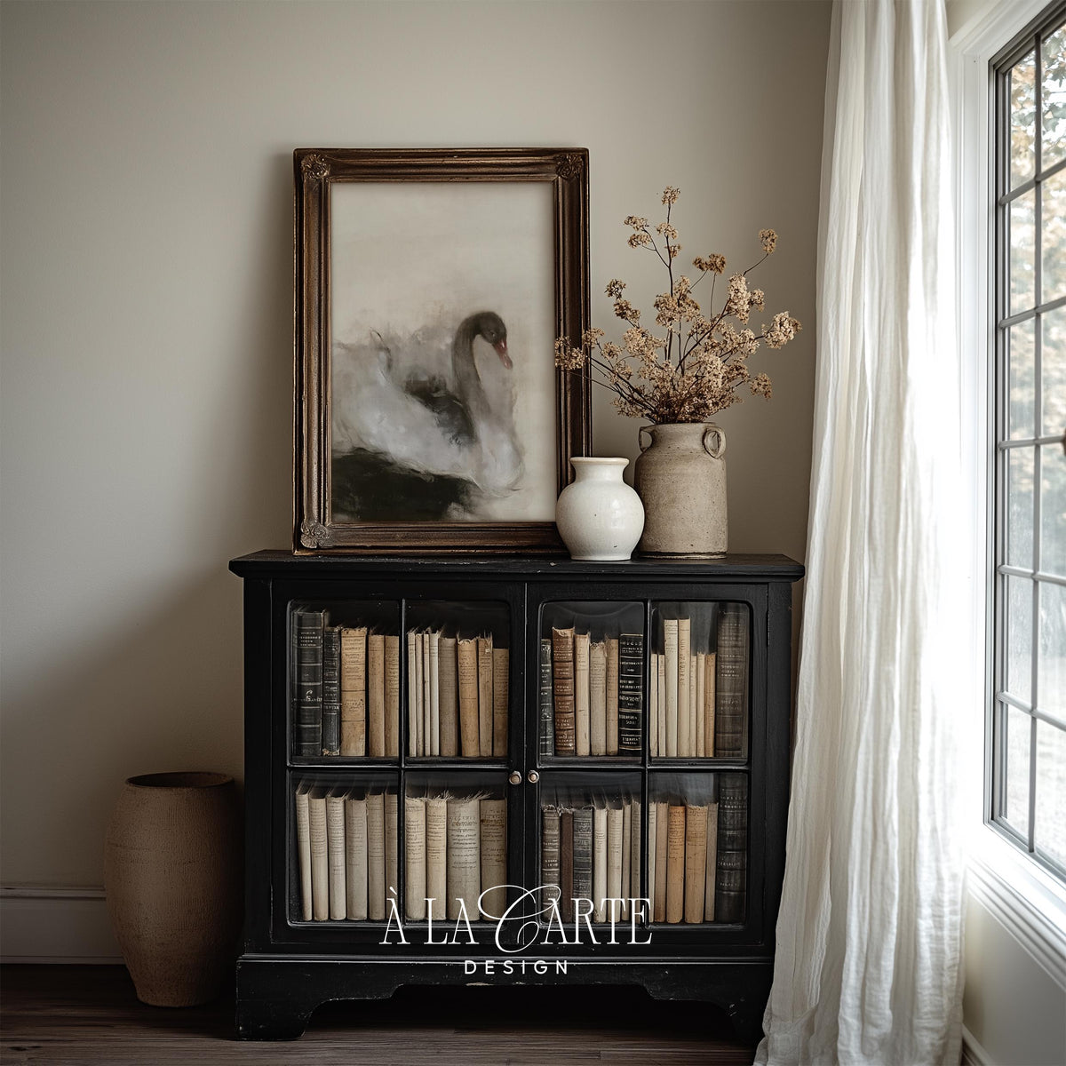 Moody waterfowl wall art instant download — atmospheric charcoal tones with painterly elegance