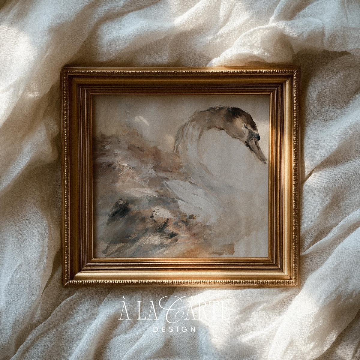 Vintage-style waterfowl digital print for above bed decor — loose painterly technique with sophisticated neutral palette
