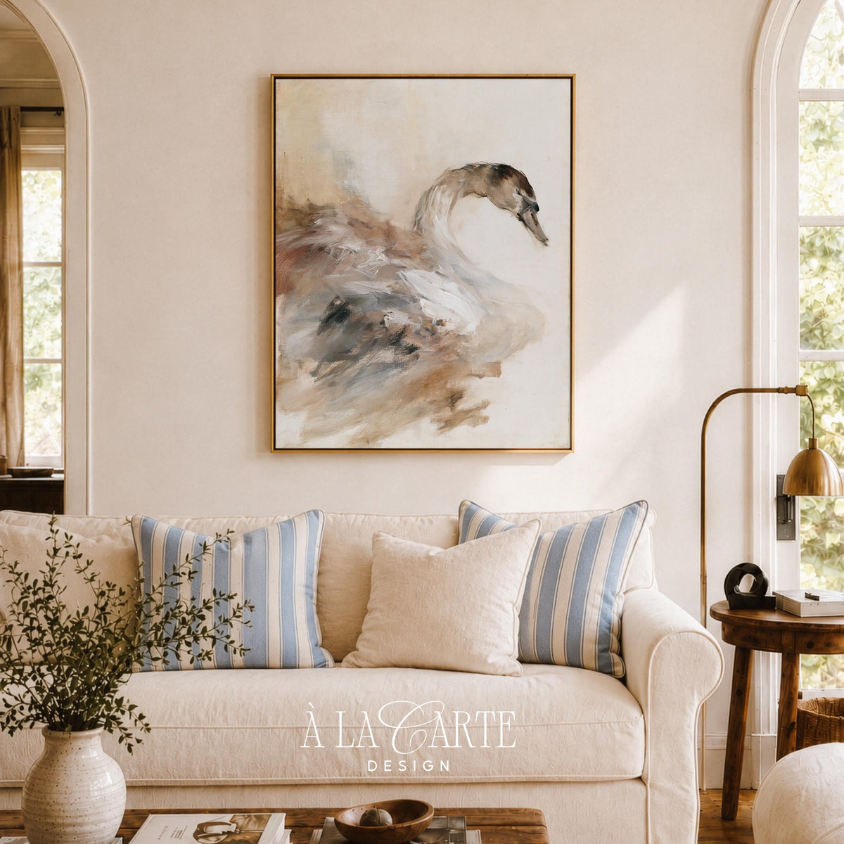 Dreamy bird art wall print — curved-neck fowl study with textured painterly style and muted earth tones