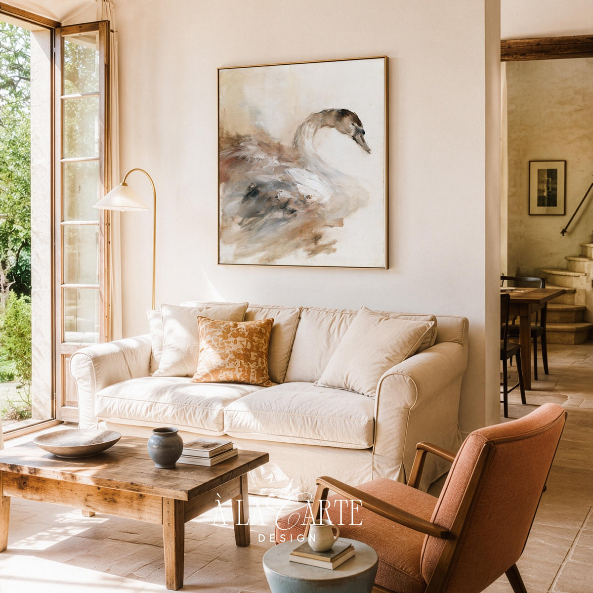 Artistic waterfowl poster for living room — loose technique rendering with sophisticated creamy backdrop