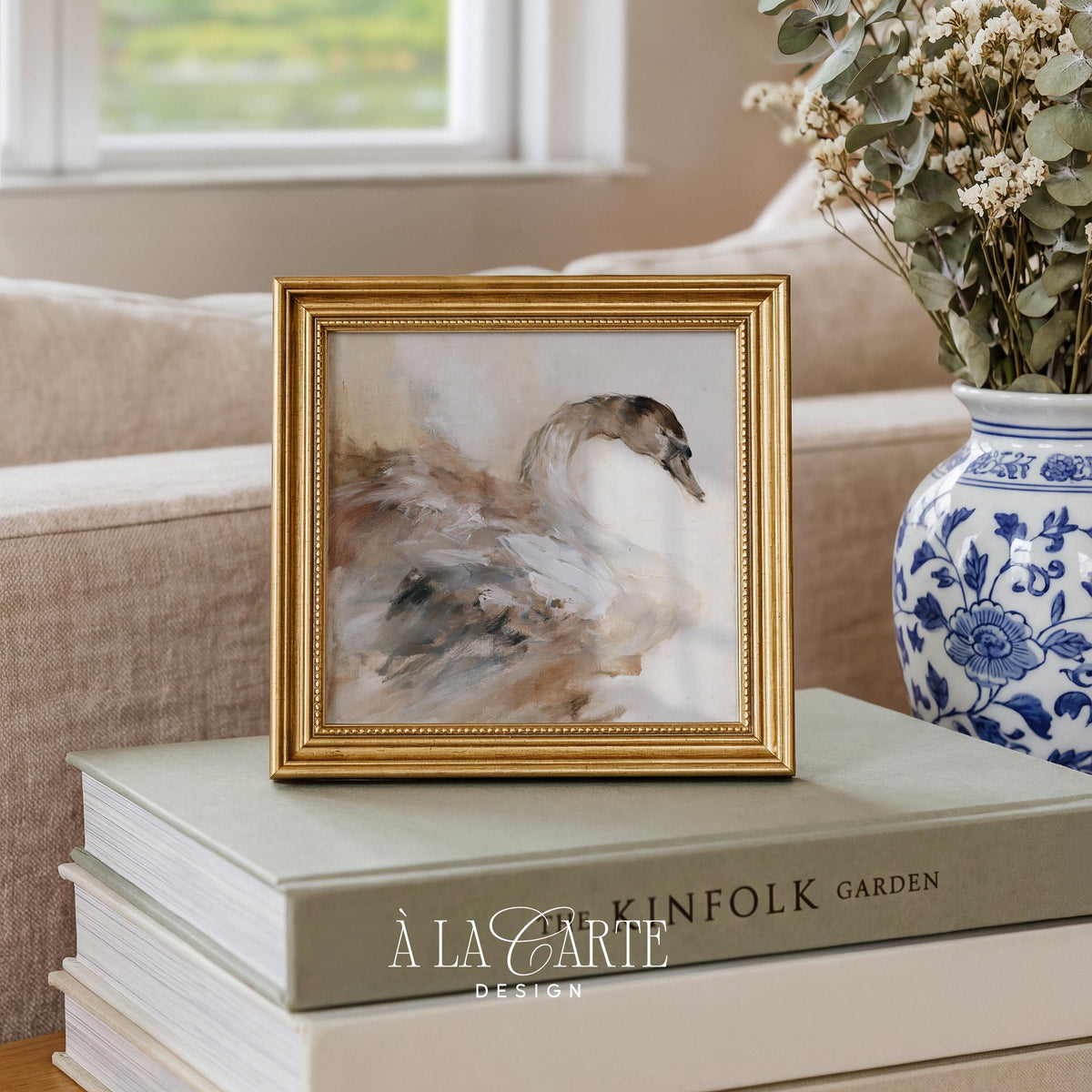 Vintage waterbird painting printable — elegant curved silhouette with impressionistic soft brushwork