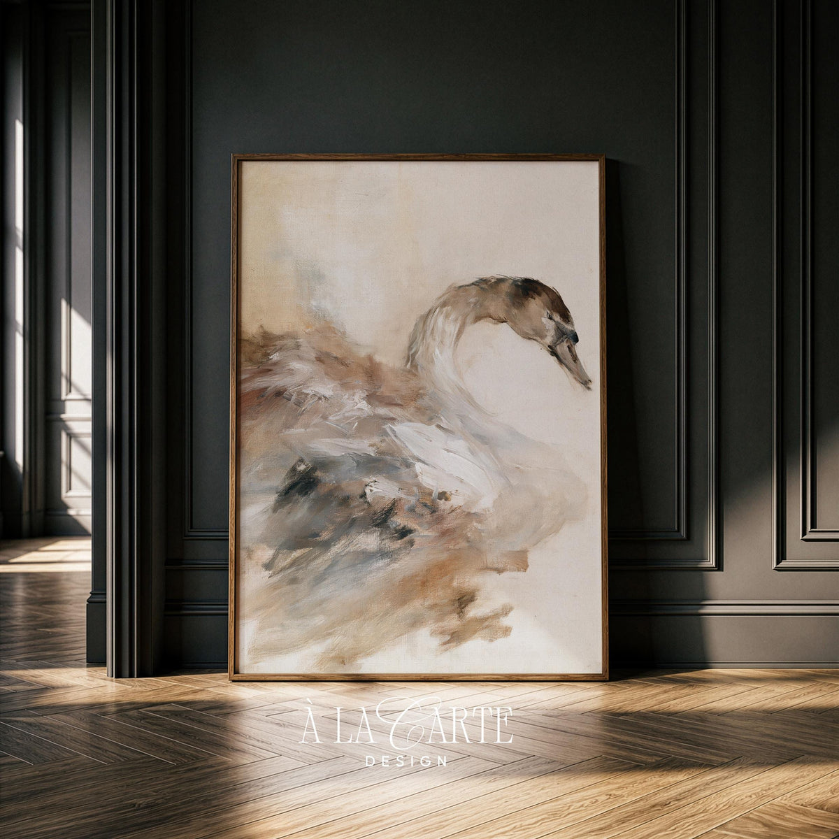 Calming bird poster for entryway — minimalist swan rendering with soft faded vintage character