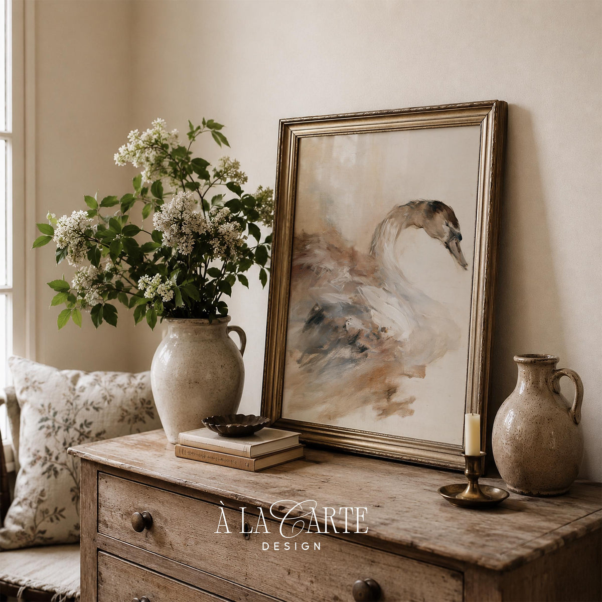 Moody waterfowl painting for gallery wall — soft neutral backdrop with expressive curved brushstrokes