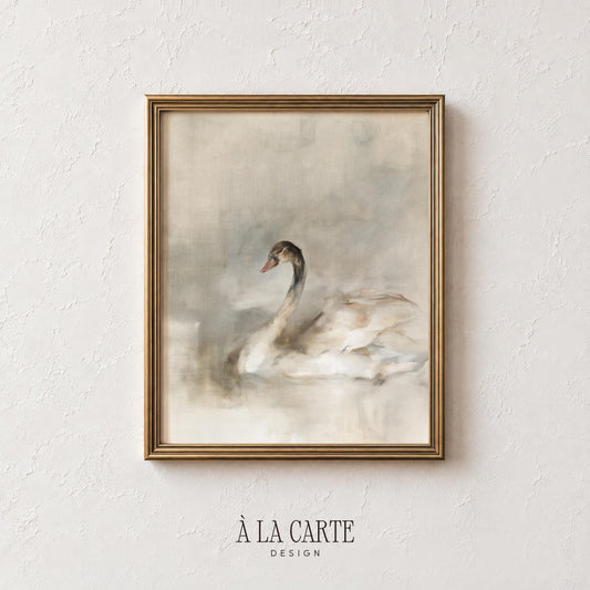Elegantly rendered waterfowl wall painting — vintage composition with warm grays and dreamy water setting